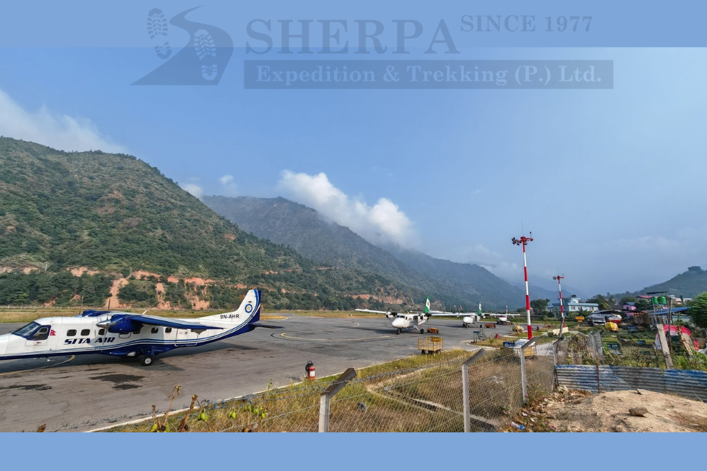 Ramechhap Manthali Airport tarmac with Twin Otter aircraft, alternate departure point for the Lukla flight during peak season